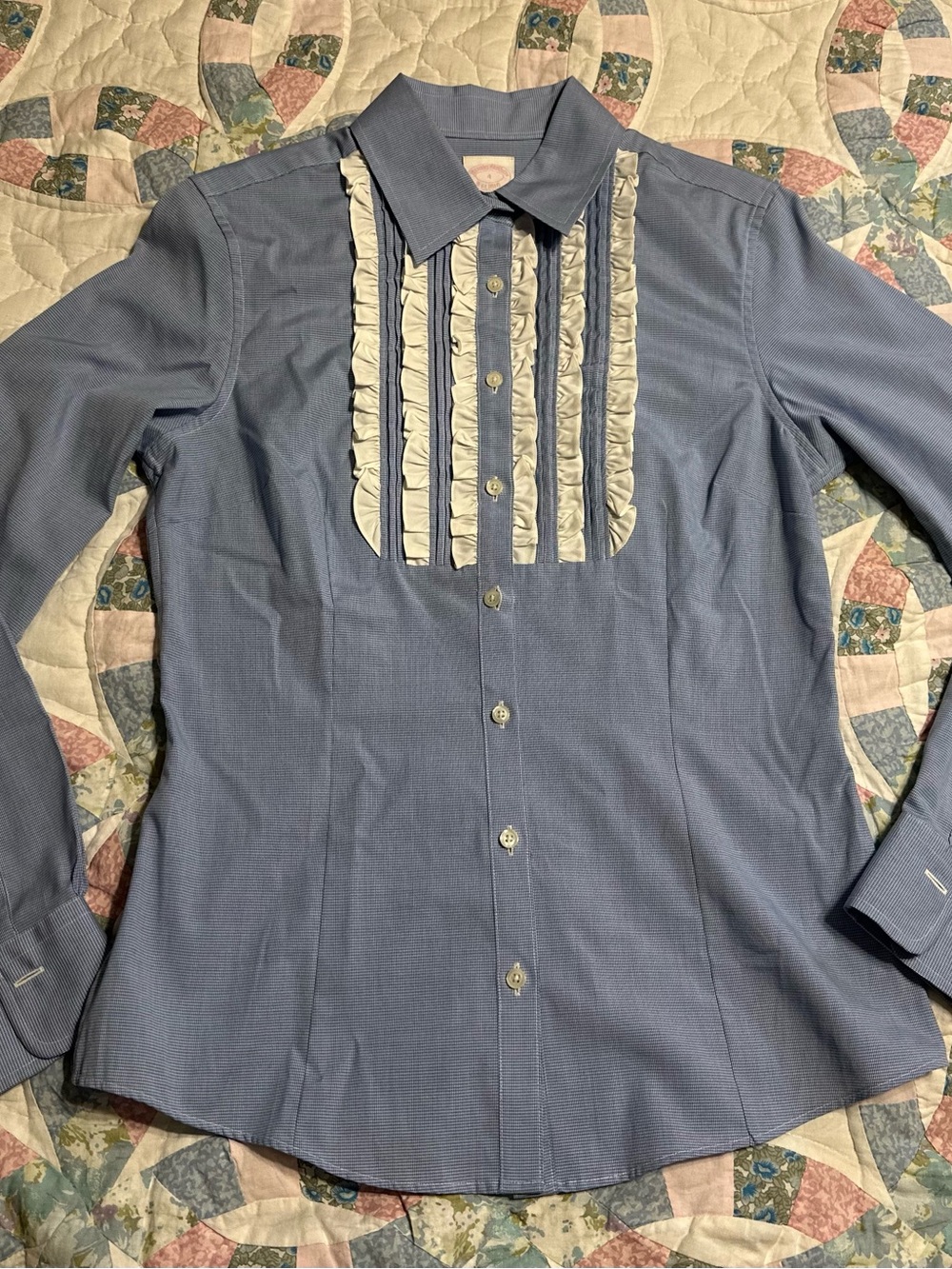 Brooks Brothers Blue Button-Front Shirt with Cream Ruffle Bib